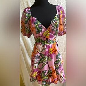 Crystal Sky Juniors’ Puff-Sleeve Tie-Back Jungle Print Dress Large NWT’s